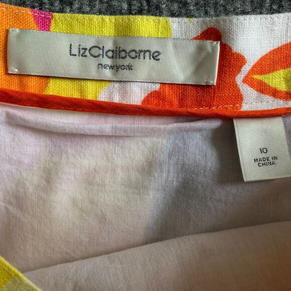 Liz Claiborne Pleated Bright Floral Skirt 100% Linen Pockets Cotton Lined Sz 10 - Picture 8 of 9